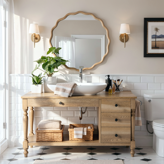 Sunvega Farmhouse Art Deco Wavy Wood Mirror Frame Wall Decor for Bathroom
