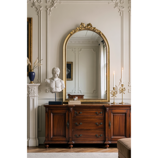 Sunvega Baroque Gold Arched Full Length Mirror with Scrollwork Crown for Living Room