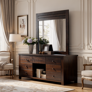 Sunvega Mahogany Finish Rectangular Mirror with Sturdy Wooden Frame for Any Room