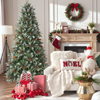 Sunvega Snow-Dusted Christmas Tree with Red Berries Pine Cones for Natural Holiday Decoration