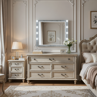 Sunvega Mirrored and Champagne Finish Nightstand with Two Spacious Storage Drawers