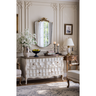 Sunvega Large Rectangular Full Length Mirror with Distressed Ivory Frame and Gold Floral Crown