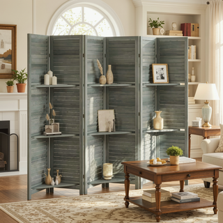 Sunvega 6 Panel Folding Privacy Screen with Removable Shelves and Hinged Design