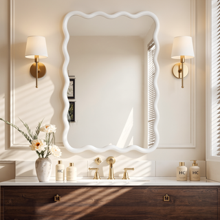 Sunvega Natural Wood Wavy Rectangle Solid Wood Frame Decorative Mirror For Any Room