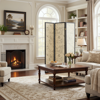 Sunvega European Motif French Script Fabric 3-Panel Folding Screen Room Divider