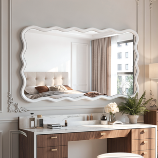 Sunvega Farmhouse Art Deco Wavy Wood Mirror Frame Wall Decor for Bathroom