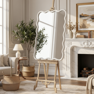 Sunvega Natural Wood Wavy Rectangle Solid Wood Frame Decorative Mirror For Any Room