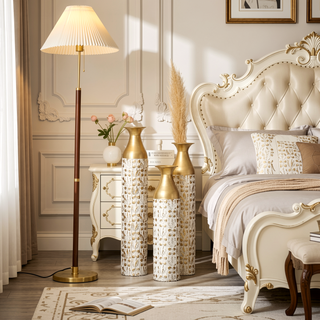 Sunvega Gilded White 3D Relief Flower Metal Cylinder Vase Set for Home Décor
