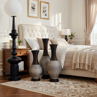 Sunvega Hand-Woven PVC Rattan Vases Set of 3 Brown Farmhouse Floor Decor
