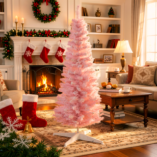 Sunvega Pencil Artificial Xmas Tree with Faux Snow Flocked Full Branch Tips Flame-retardant
