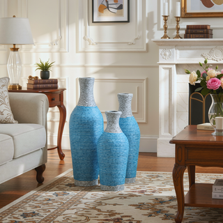 Sunvega Hand-Woven PVC Rattan Vases Set of 3 Brown Farmhouse Floor Decor