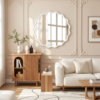 Sunvega Natural Wood Wavy Round Solid Wood Frame Decorative Mirror for Bedroom Bathroom