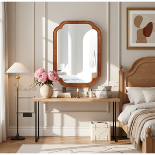 Sunvega Yellowish Brown Solid Wood Frame Rounded Corner Decorative Mirror for Bathroom Bedroom