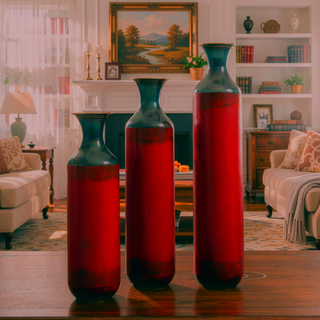 Sunvega Torch-Fired Metal Vases Set of 3 with Gradient Blue Rustic Finish for Farmhouse
