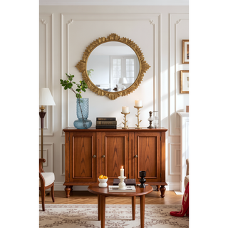 Sunvega Ornate Gold Round MDF Wall Mirror with Carved Frame for Living Room