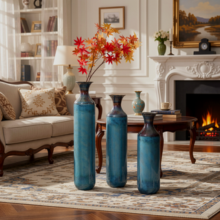 Sunvega Torch-Fired Metal Vases Set of 3 with Gradient Blue Rustic Finish for Farmhouse