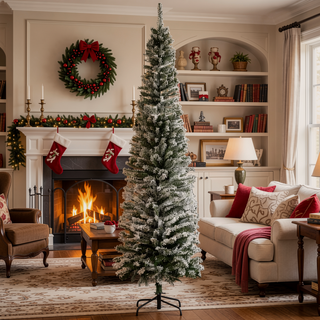 Sunvega Pencil Artificial Xmas Tree with Faux Snow Flocked Full Branch Tips Flame-retardant