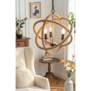 Sunvega 3-Light Farmhouse Chandelier with Hemp Rope and Adjustable Chain