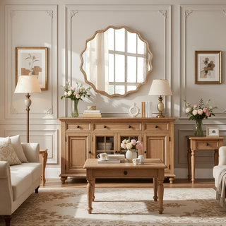 Sunvega Natural Wood Wavy Round Solid Wood Frame Decorative Mirror for Bedroom Bathroom