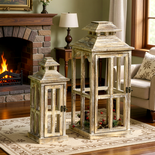 Sunvega Natural Fir Wood Rustic Lantern Decor Set with Two Sizes for Indoor and Outdoor