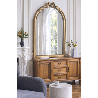 Sunvega Baroque Gold Arched Full Length Mirror with Scrollwork Crown for Living Room