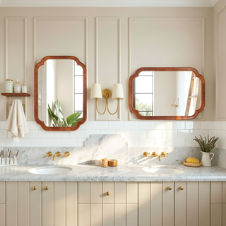 Sunvega Yellowish Brown Solid Wood Frame Rounded Corner Decorative Mirror for Bathroom Bedroom