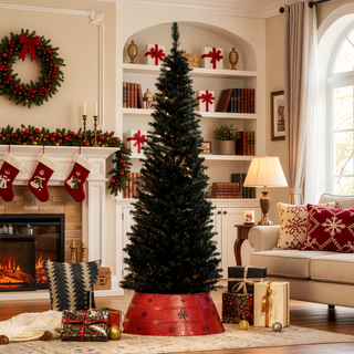 Sunvega Pencil Artificial Xmas Tree with Faux Snow Flocked Full Branch Tips Flame-retardant