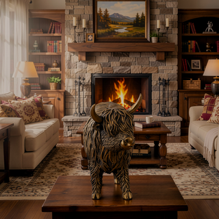 Sunvega Lifelike Highland Cow Statue with Rich Bronze Finish for Tabletop
