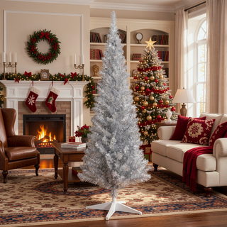Sunvega Pencil Artificial Xmas Tree with Faux Snow Flocked Full Branch Tips Flame-retardant