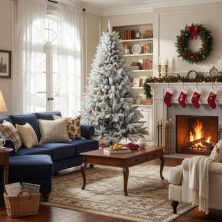 Sunvega Pencil Artificial Xmas Tree with Faux Snow Flocked Full Branch Tips Flame-retardant
