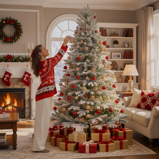Sunvega Pencil Artificial Xmas Tree with Faux Snow Flocked Full Branch Tips Flame-retardant
