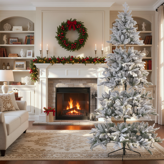 Sunvega Pencil Artificial Xmas Tree with Faux Snow Flocked Full Branch Tips Flame-retardant