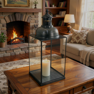 Sunvega Black Metal Lantern with Glass Panels and a Stable Square Base