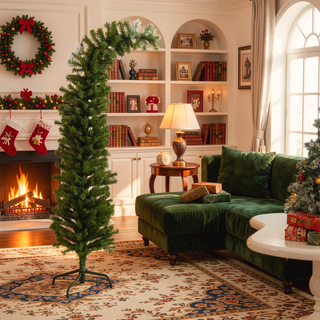 Sunvega Pencil Artificial Xmas Tree with Faux Snow Flocked Full Branch Tips Flame-retardant
