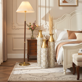 Sunvega Gilded White 3D Relief Flower Metal Cylinder Vase Set for Home Décor