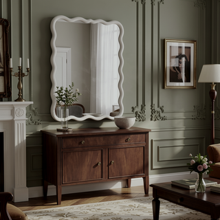 Sunvega Wavy Rectangle Solid Wood Frame Decorative Mirror with Clear Reflection for Bedroom