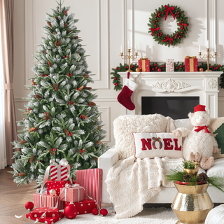 Sunvega Snow-Dusted Christmas Tree with Red Berries Pine Cones for Natural Holiday Decoration
