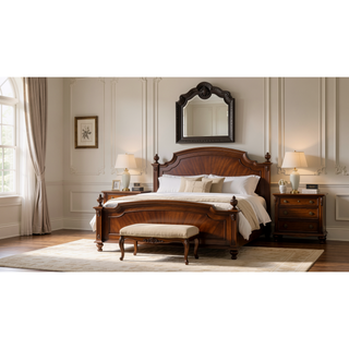 Sunvega Traditional Style Wood Frame Mirror with Elegant Carvings in Walnut Finish