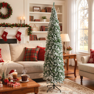 Sunvega Pencil Artificial Xmas Tree with Faux Snow Flocked Full Branch Tips Flame-retardant