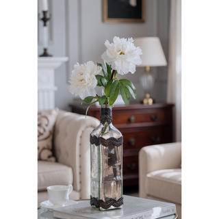 Sunvega Antique Silver Glass Bottle Vase with Bronze Leaf Accents for Home Decor