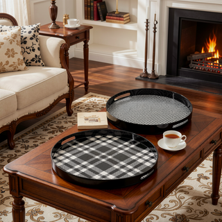 Sunvega 2 Piece Black and White Plaid Print Round Decorative Tray Set for Living Space