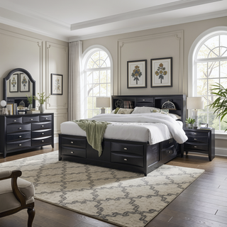 Sunvega Lucille Black Nightstand with Spacious Drawers and Chambered Fronts