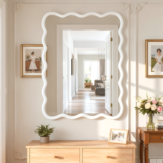 Sunvega Wavy Rectangle Solid Wood Frame Decorative Mirror with Clear Reflection for Bedroom