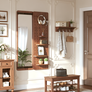 Sunvega Wall Mounted Full Length Mirror with Shelf and Hook Multifunctional Design Panel