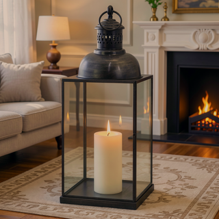 Sunvega Black Metal Lantern with Glass Panels and a Stable Square Base