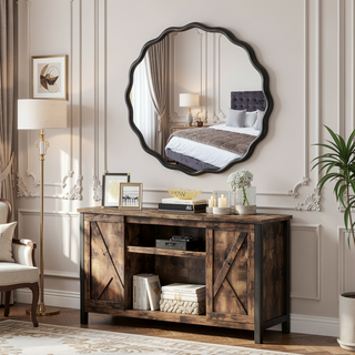 Sunvega Farmhouse Art Deco Wavy Wood Mirror Frame Wall Decor for Bathroom