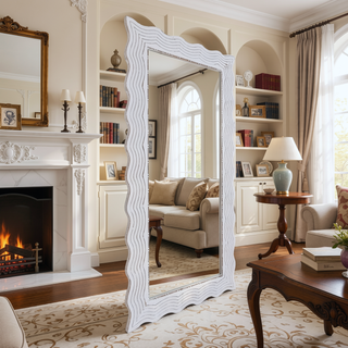 Sunvega Hand-Finished Distressed White Wood Mirror with Wavy Frame Edge 36x72 Inch