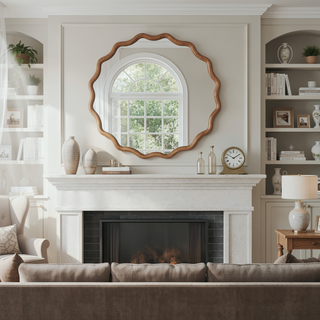 Sunvega Natural Wood Wavy Round Solid Wood Frame Decorative Mirror for Bedroom Bathroom