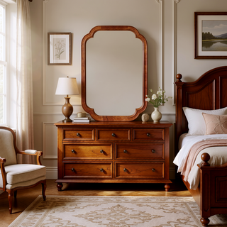 Sunvega Solid Wood Frame Rounded Corner Decorative Mirror for Bedroom Bathroom Living Room