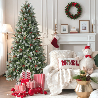 Sunvega Snow-Dusted Christmas Tree with Red Berries Pine Cones for Natural Holiday Decoration